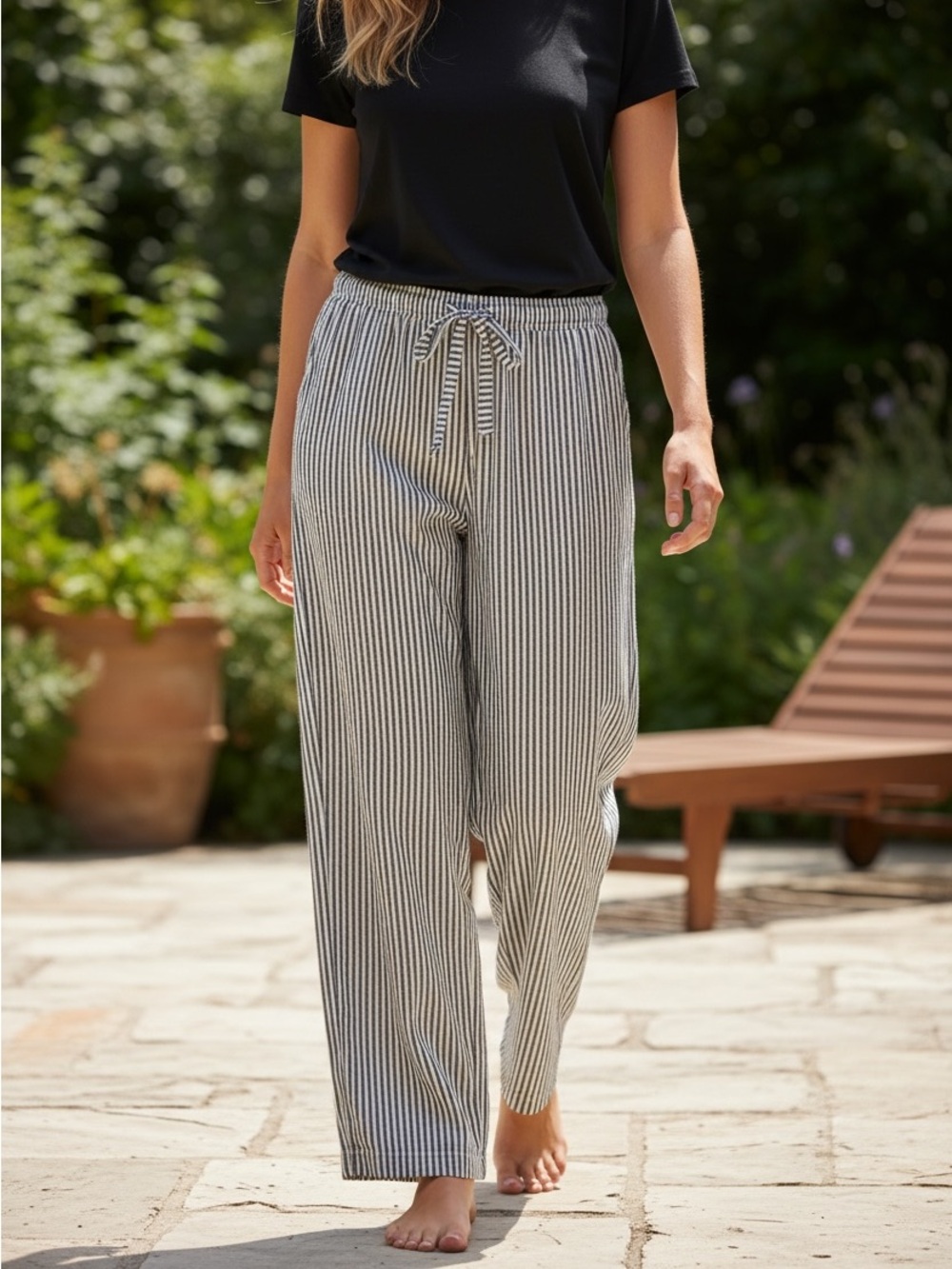 Song of Style Striped Drawstring Casual Pants in Gray & White Size XS